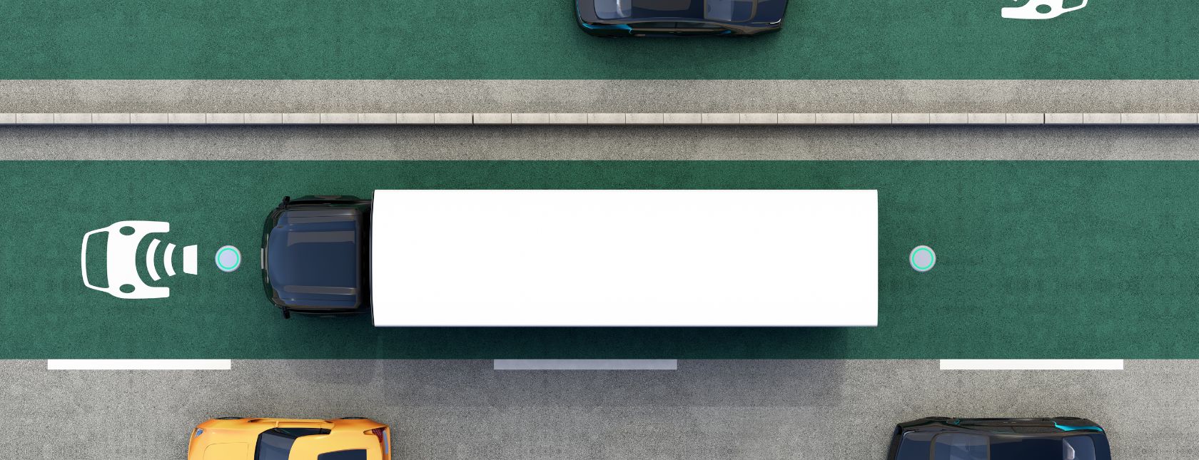 Widok z lotu ptaka na hybrydową ciężarówkę i niebieski samochód elektryczny